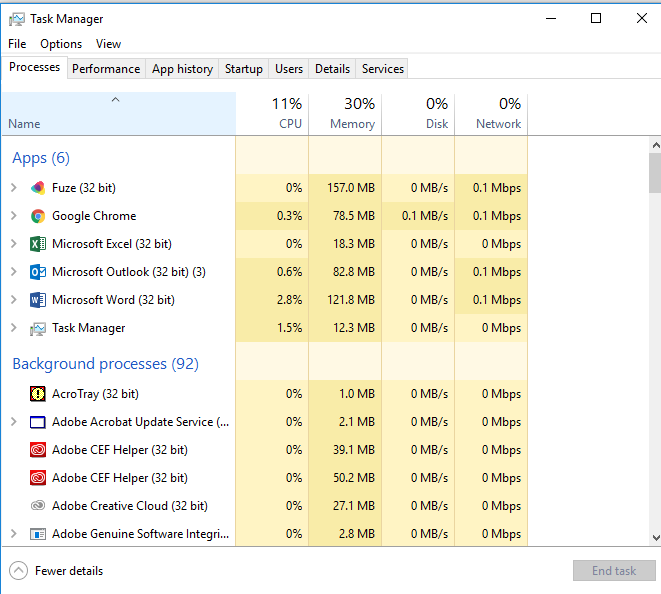 Task Manager window displaying running processes