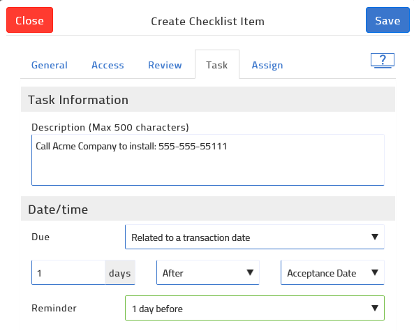 checklist task example showing task to perform, when it is due, and when to remind