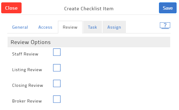 checklist item review options showing staff and broker review options
