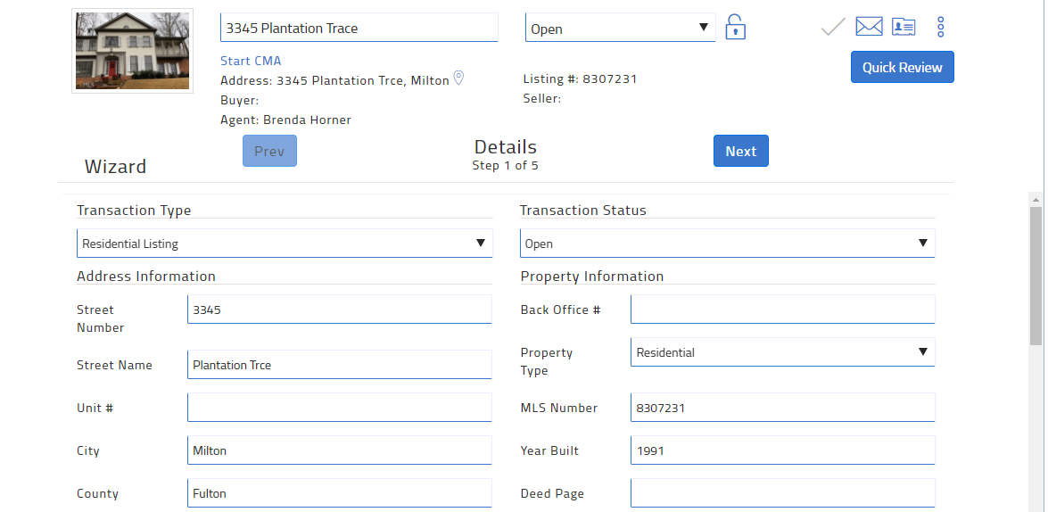 Step 1 of create transaction wizard, showing a residential listing with address and MLS number
