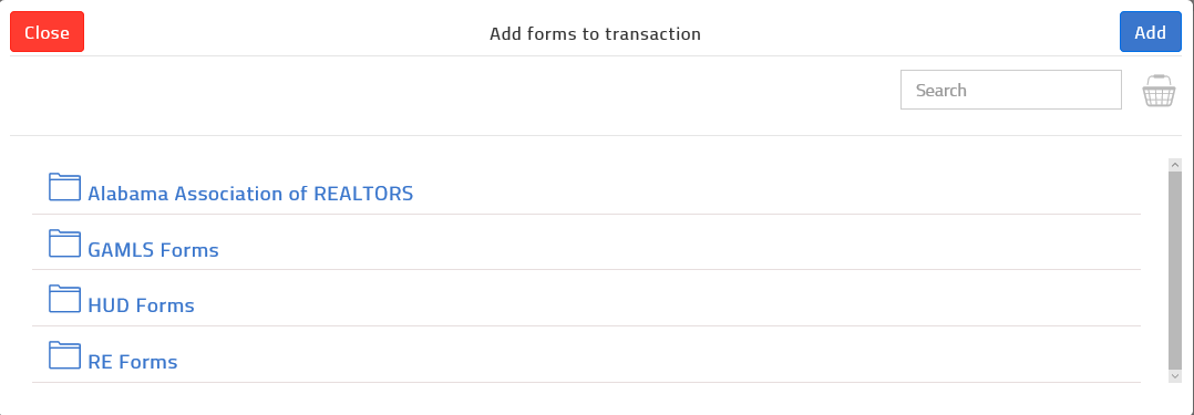 select type of forms to add to transaction