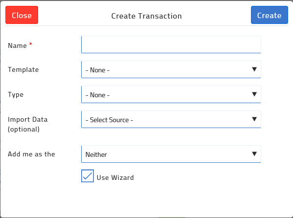 create transaction page with no data entered yet